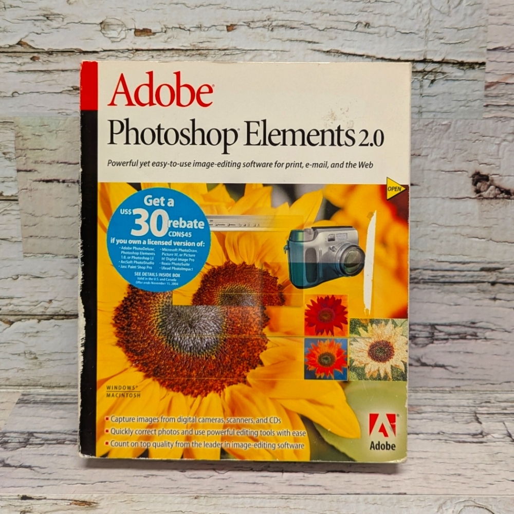 Adobe Photoshop Elements 2.0 CD + User Manual Windows / Macintosh *Sealed*